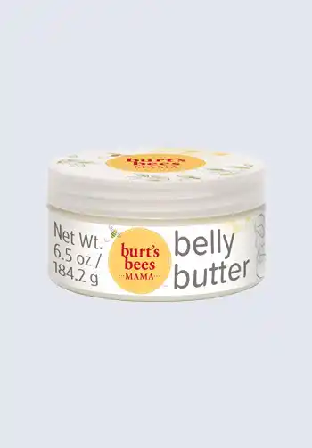 A jar of Burt's Bees Belly Butter, formulated to nourish and hydrate stretching skin, making it a necessary item for a hospital bag for delivery list for postpartum recovery.