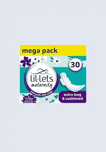 A mega pack of Lil-Lets maternity pads, extra long and cushioned, essential for postpartum care and a crucial item for a hospital bag list for birth.