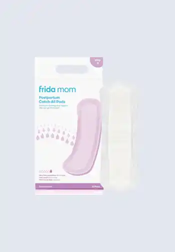 A package of Frida Mom postpartum pads, designed for maximum comfort and absorption, a must-have for a hospital bag for mom to manage postpartum bleeding.