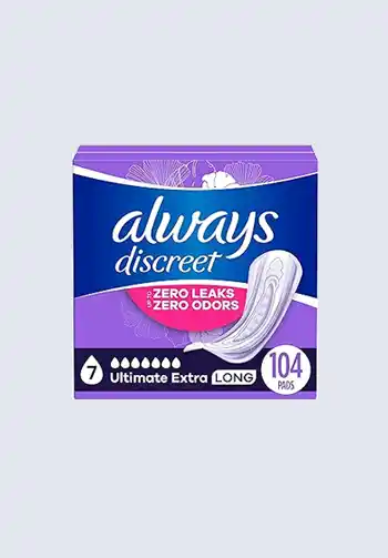 A box of Always Discreet ultimate extra long pads, providing zero leaks and zero odors, ideal for postpartum protection and essential for a hospital bag for labor.