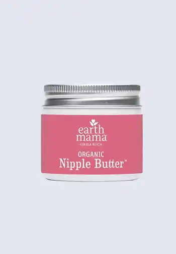 A jar of Earth Mama organic nipple butter, providing natural and soothing relief for breastfeeding mothers, a must-have for a hospital bag for mom.