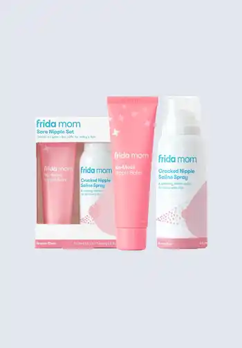 A set of Frida Mom nipple creams, designed to soothe and heal cracked nipples, making them a necessary addition to a hospital bag for delivery list.