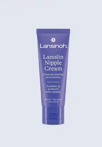 A tube of Lansinoh lanolin nipple cream, soothing and protecting sore nipples, an essential item for a hospital bag list for birth.