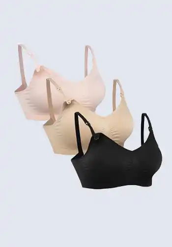 A set of beige and black nursing bras, providing comfort and easy access for breastfeeding, an essential item for a hospital bag list for birth.