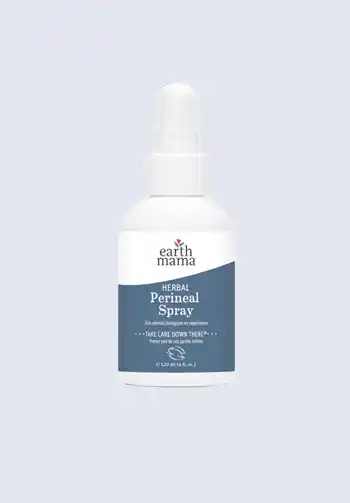 A bottle of Earth Mama herbal perineal spray, designed to soothe and cool postpartum discomfort, an essential item for a hospital bag list for birth.