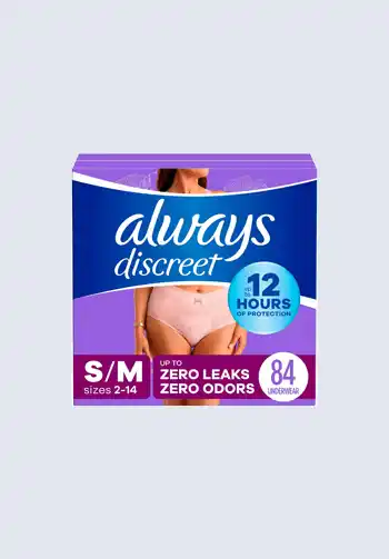 A box of Always Discreet underwear, providing 12-hour protection against leaks and odors, an essential item for a hospital bag list for birth to ensure postpartum comfort.