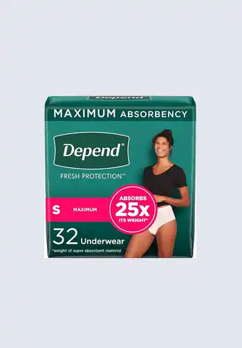  A box of Depend maximum absorbency underwear, offering superior protection and comfort, a must-have for a hospital bag for mom during postpartum recovery.