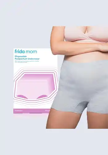 A package of Frida Mom disposable postpartum underwear, designed for maximum comfort and absorbency, ideal for a hospital bag for labor to manage postpartum bleeding.