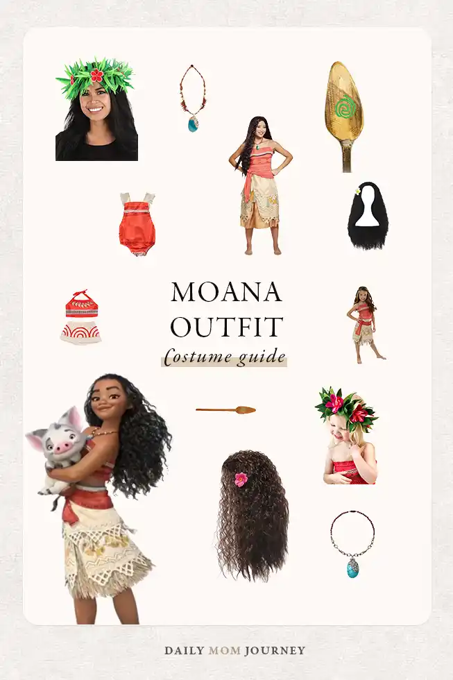 A comprehensive display of all the accessories and clothes needed for a Moana costume, including the red crop top, tan skirt, flower crown, Heart of Te Fiti necklace, and magical oar.