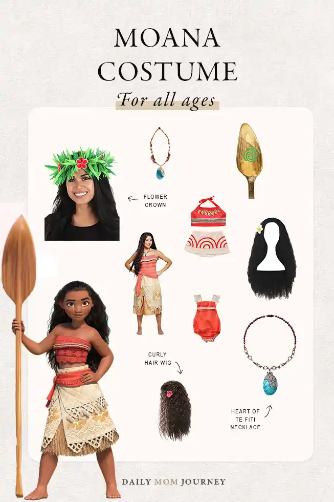 All essential accessories and clothes for a Moana costume laid out, featuring the iconic red top, tan skirt, flower crown, Heart of Te Fiti necklace, and oar.