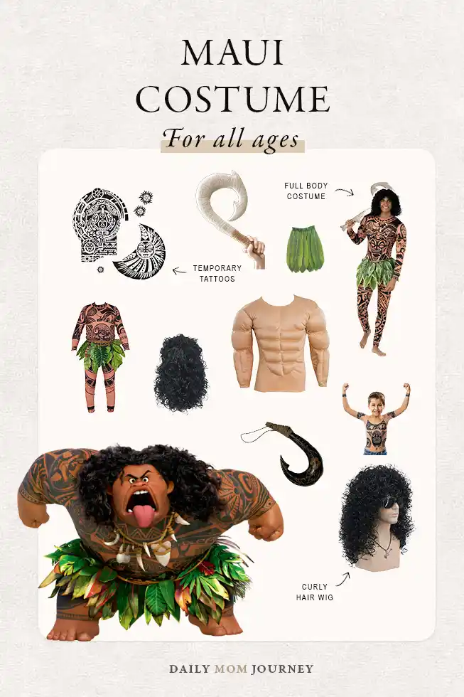 A detailed display of all the accessories and clothes needed for a Maui costume, including the muscle shirt, ti leaf skirt, tribal tattoos, and magical fish hook.