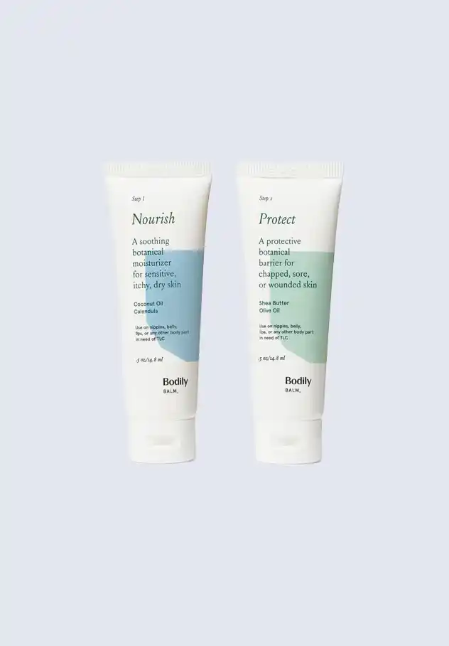 Bodily Nourish and Protect balms, offering soothing and protective care for sensitive postpartum skin, included in the Bodily postpartum essentials kit.