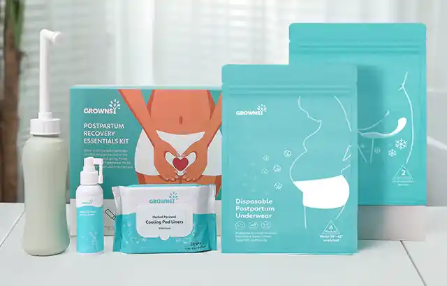 Grownsy Postpartum Recovery Essentials Kit, featuring a peri bottle, herbal cooling spray, cooling pad liners, disposable postpartum underwear, and other postpartum essentials, perfect for a postpartum gift basket.