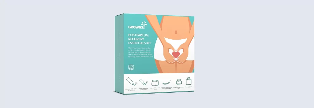 Grownsy Postpartum Recovery Essentials Kit packaging, highlighting the comprehensive postpartum care items included, ideal for gifting as a postpartum gift basket.