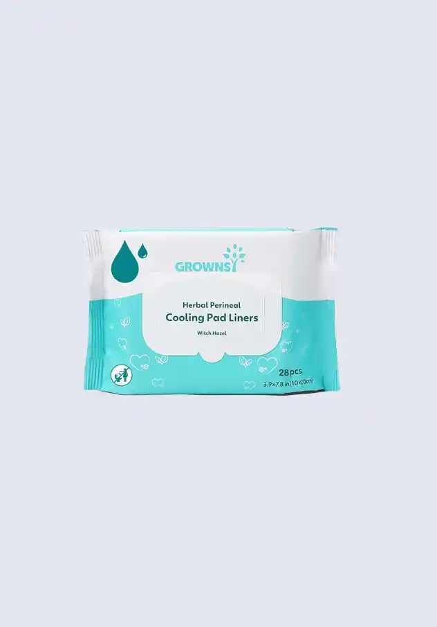 Grownsy herbal cooling pad liners, offering continuous soothing relief for postpartum recovery, included in the Grownsy postpartum essentials kit.