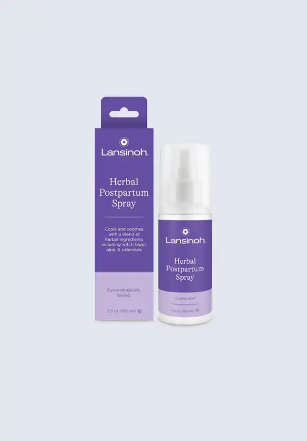 Lansinoh herbal postpartum spray, designed to cool and soothe the perineal area after childbirth, included in the Lansinoh postpartum essentials kit.