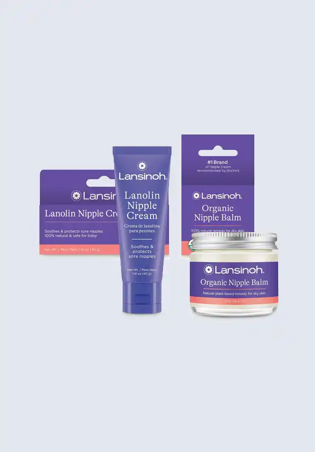 Lansinoh nipple care products, including lanolin nipple cream and organic nipple balm, providing soothing relief for breastfeeding moms, key items to add to the Lansinoh postpartum essentials kit.