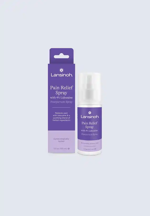 Lansinoh pain relief spray, providing effective relief for postpartum discomfort, an essential item in the Lansinoh postpartum essentials kit.