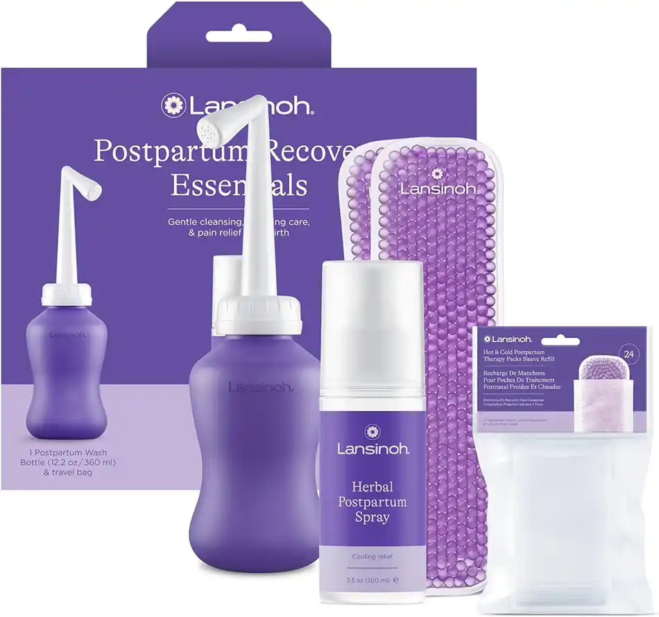 Lansinoh Postpartum Recovery Essentials Kit, featuring a postpartum wash bottle, herbal postpartum spray, and hot & cold therapy packs, ideal for a postpartum gift basket to provide comfort and care for new moms.