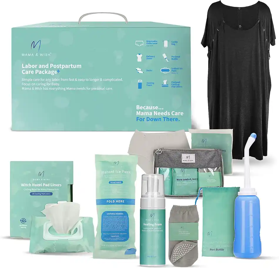 The Mama & Wish Labor and Postpartum Essentials Kit, featuring a labor and delivery gown, peri bottle, witch hazel pad liners, instant ice packs, disposable underwear, and other postpartum essentials, perfect for a postpartum gift basket.