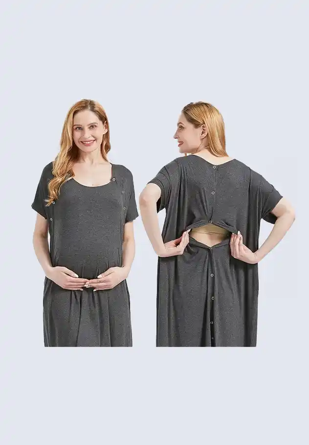 Mama & Wish labor and delivery gown, featuring practical snaps on the back and front for easy access during labor and nursing, an essential part of the postpartum essentials kit.