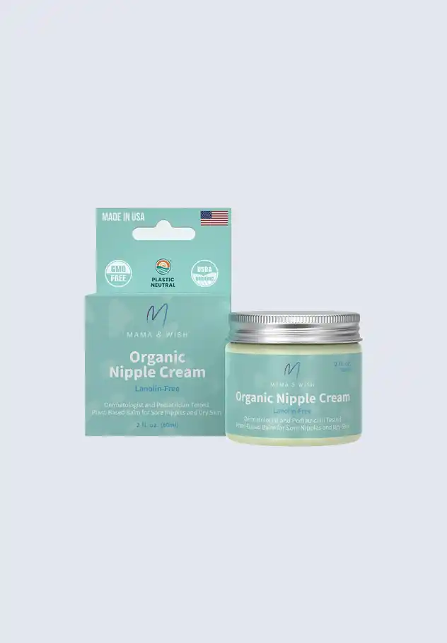 Mama & Wish organic nipple cream, providing soothing relief and protection for breastfeeding moms, a key component of the postpartum essentials kit.