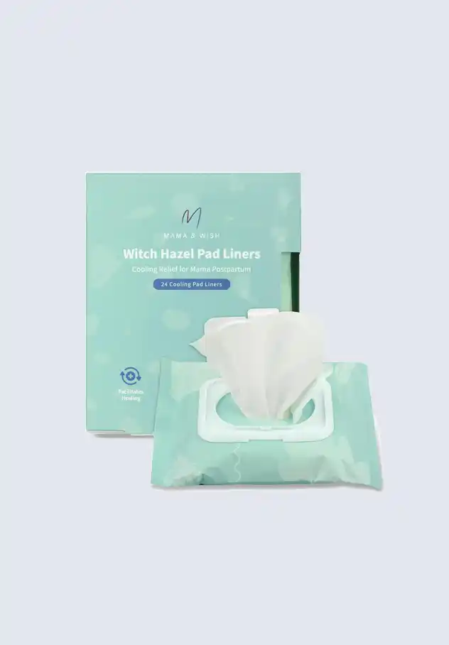 Mama & Wish witch hazel pad liners, providing cooling relief and soothing comfort for postpartum recovery, an important item in the postpartum essentials kit.