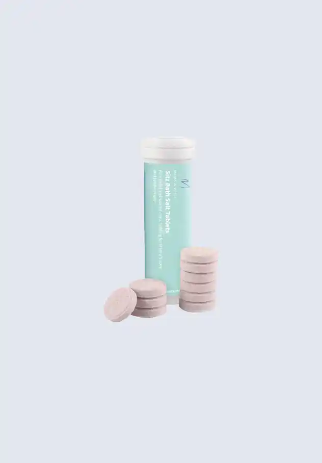 Mama & Wish sitz bath salt tablets, providing pain relief and wound care for postpartum recovery, an essential item in the postpartum essentials kit.