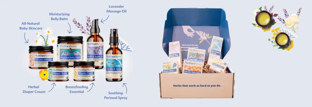 A comprehensive Motherlove Postpartum Gift Basket, featuring all-natural baby skincare, moisturizing belly balm, lavender massage oil, soothing perineal spray, and breastfeeding essentials, perfect for new moms.