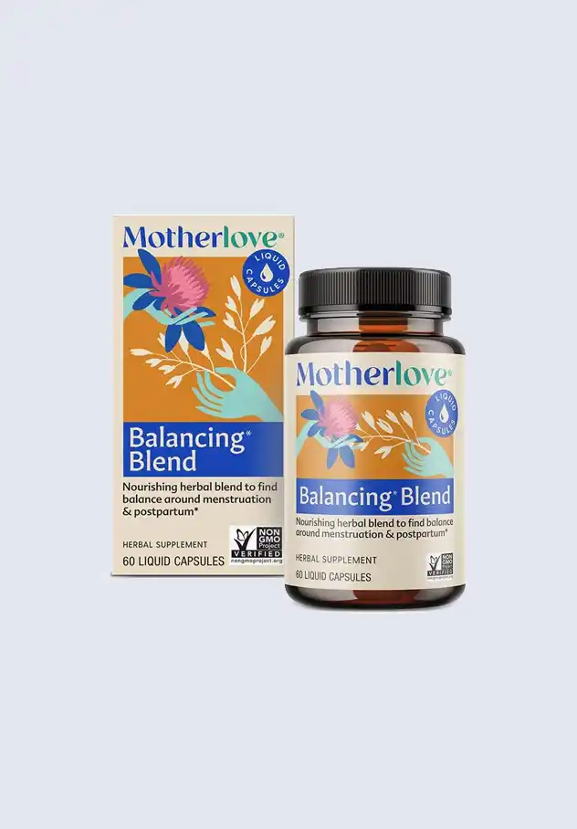 Motherlove Balancing Blend, a nourishing herbal supplement to support hormonal balance and postpartum recovery, a key component of the Motherlove postpartum essentials kit.