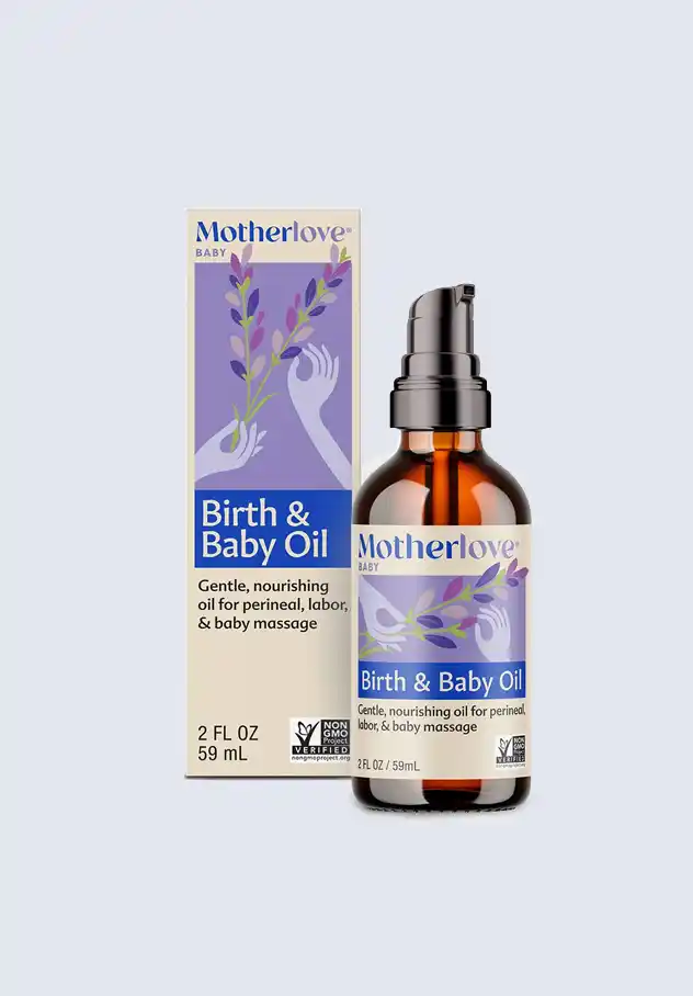 Motherlove birth & baby oil, a gentle and nourishing oil for perineal care, labor, and baby massage, included in the Motherlove postpartum essentials kit.