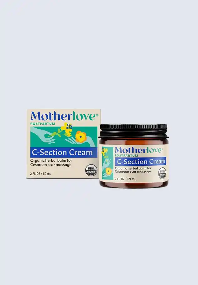 Motherlove C-Section Cream, an organic herbal balm for cesarean scar massage, included in the Motherlove postpartum essentials kit for postpartum care.