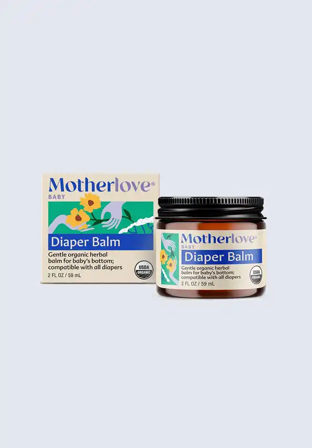 Motherlove diaper balm, a gentle organic herbal balm for baby’s bottom, compatible with all diapers, included in the Motherlove postpartum essentials kit.