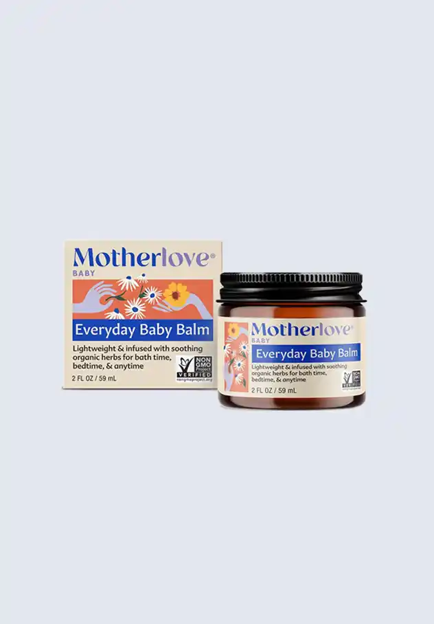 Motherlove everyday baby balm, a lightweight and soothing organic balm for baby’s skin, an essential item in the Motherlove postpartum essentials kit.