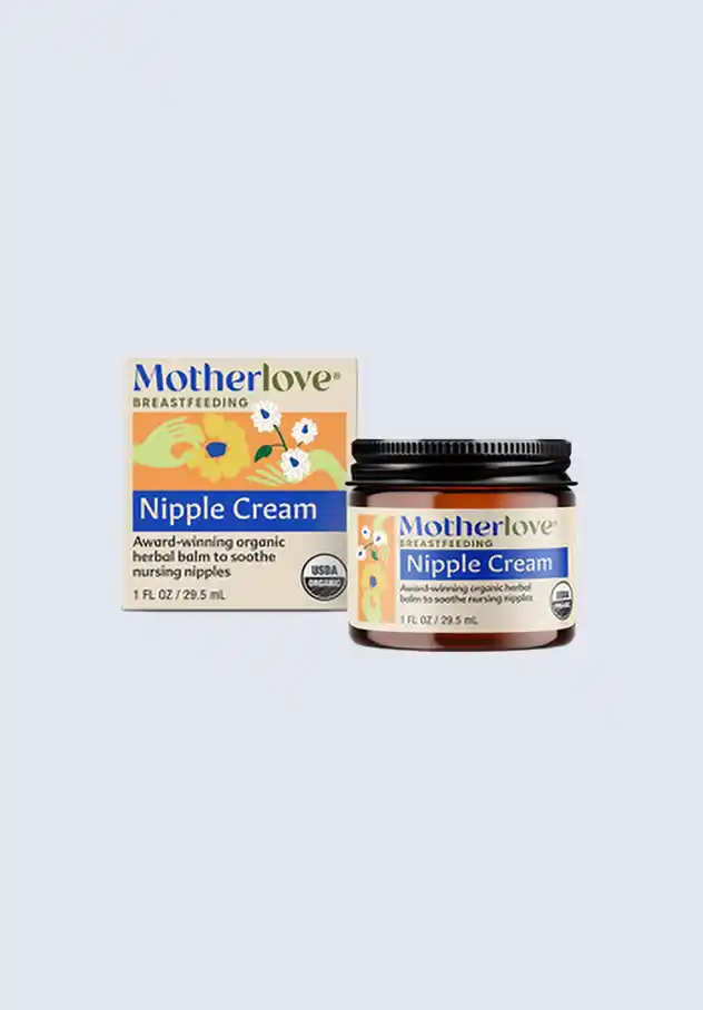 Motherlove nipple cream, an award-winning organic herbal balm to soothe and protect nursing nipples, a key component of the Motherlove postpartum essentials kit.