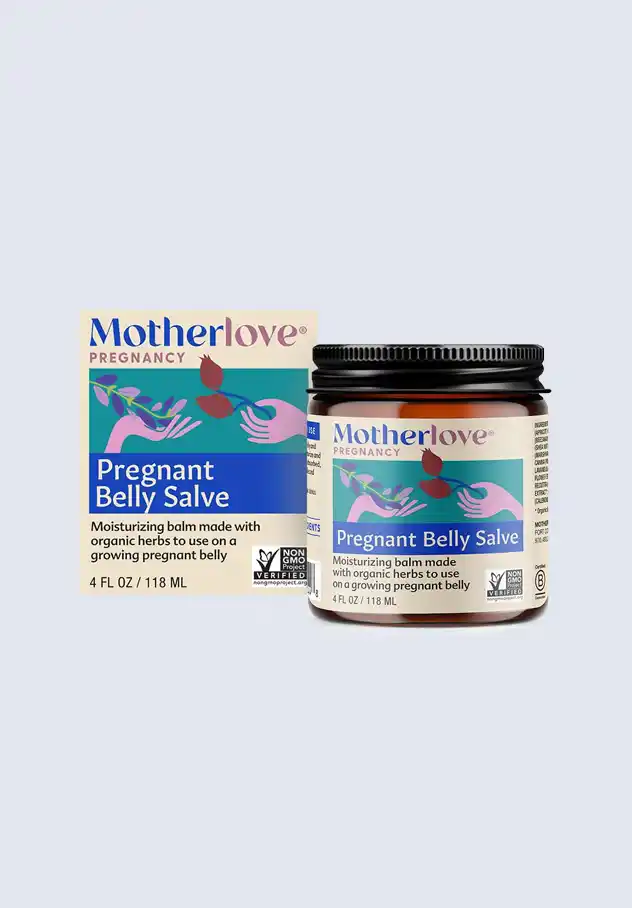 Motherlove pregnant belly salve, a moisturizing balm made with organic herbs to soothe and nourish a growing pregnant belly, a key component of the Motherlove postpartum essentials kit.