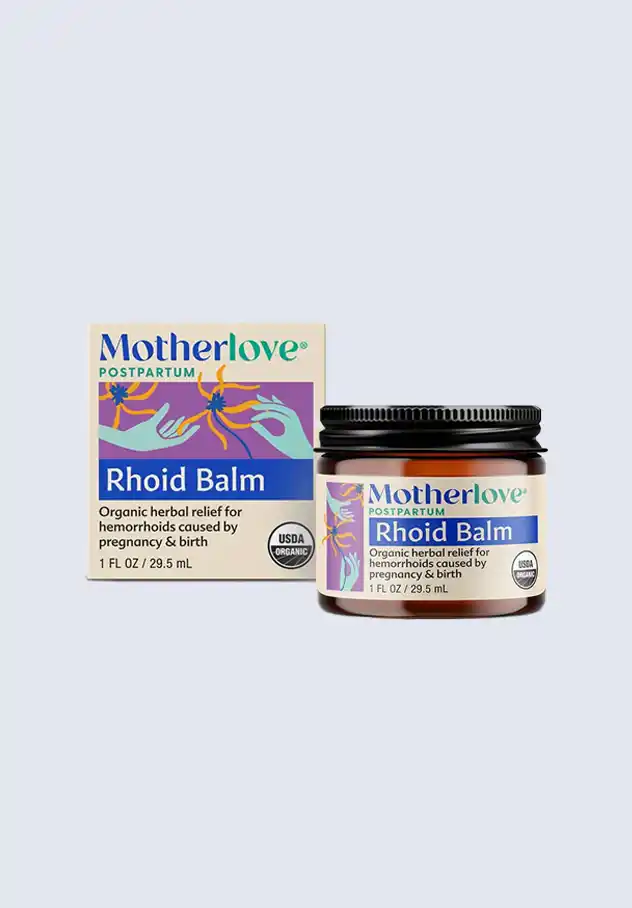 Motherlove Rhoid Balm, an organic herbal relief for hemorrhoids caused by pregnancy and childbirth, an essential item in the Motherlove postpartum essentials kit.