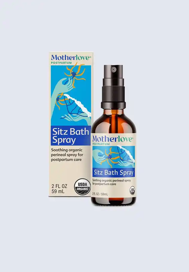 Motherlove sitz bath spray, a soothing organic perineal spray designed for postpartum care, an essential item in the Motherlove postpartum essentials kit.