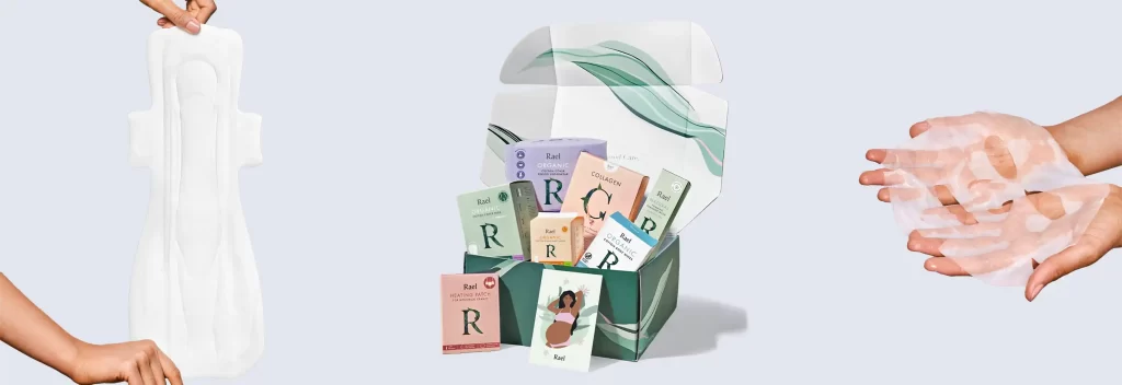 Rael Organic Postpartum Essentials Kit featuring XL overnight pads, heating patch, organic cotton body wipes, and collagen sheet masks, ideal as a postpartum gift basket for new moms.