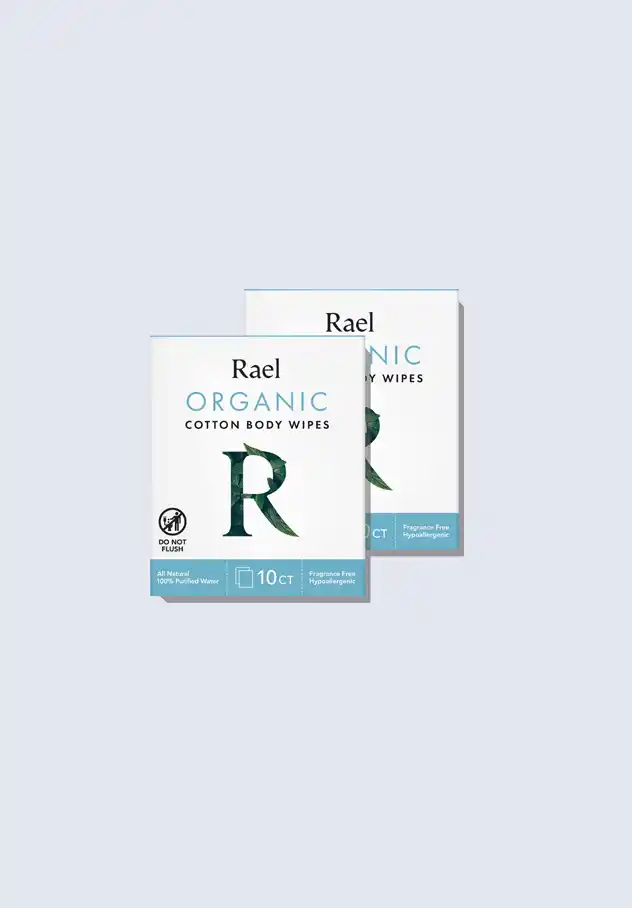 Rael organic cotton body wipes, offering gentle and convenient cleansing for postpartum care, a perfect addition to any postpartum gift basket.