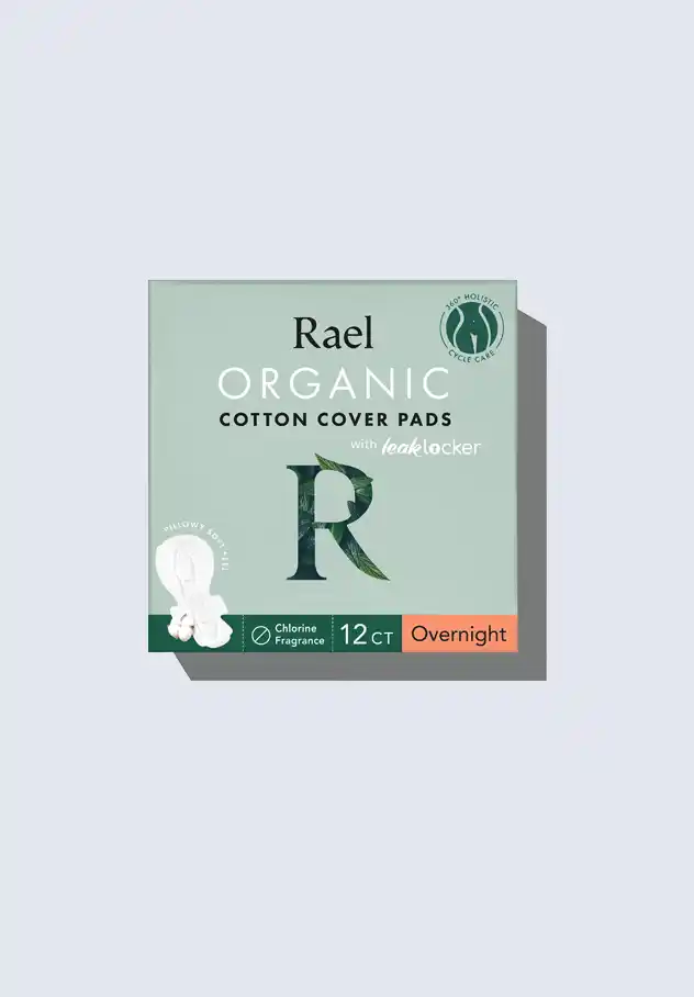 Rael organic cotton cover pads, designed for overnight use, providing maximum absorption and comfort during postpartum recovery, an essential item in a postpartum gift basket.