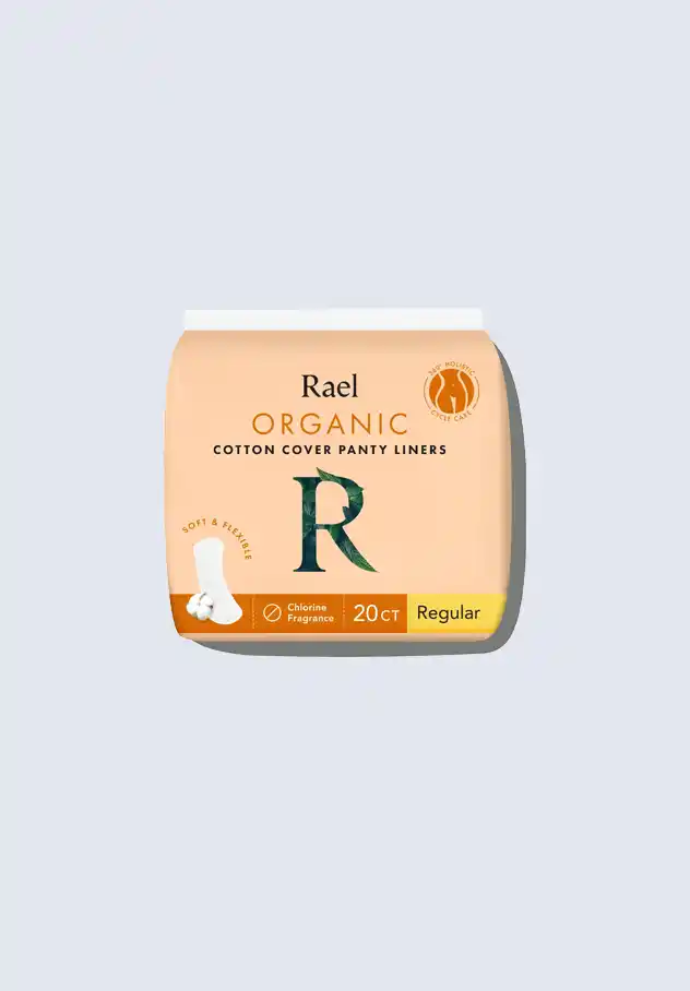 Rael organic cotton cover panty liners, providing soft and breathable protection for postpartum care, a key item in the Rael postpartum essentials kit.