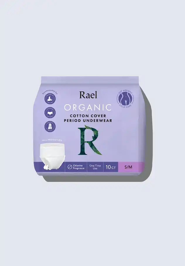 Rael organic cotton cover period underwear, offering leak-proof protection and comfort for postpartum recovery, included in the Rael postpartum essentials kit.