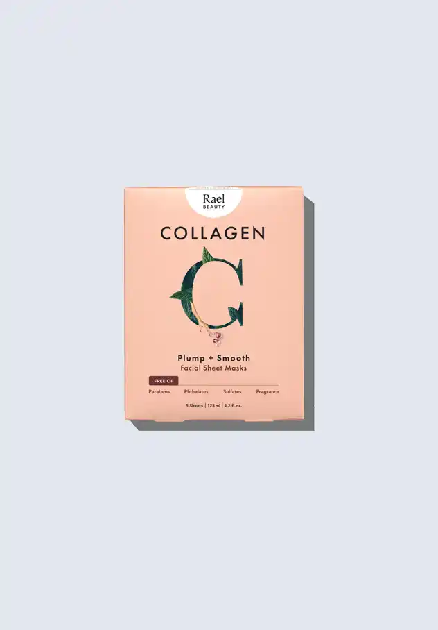 Rael collagen facial sheet masks, designed to plump and smooth the skin, providing a refreshing self-care moment during postpartum recovery.