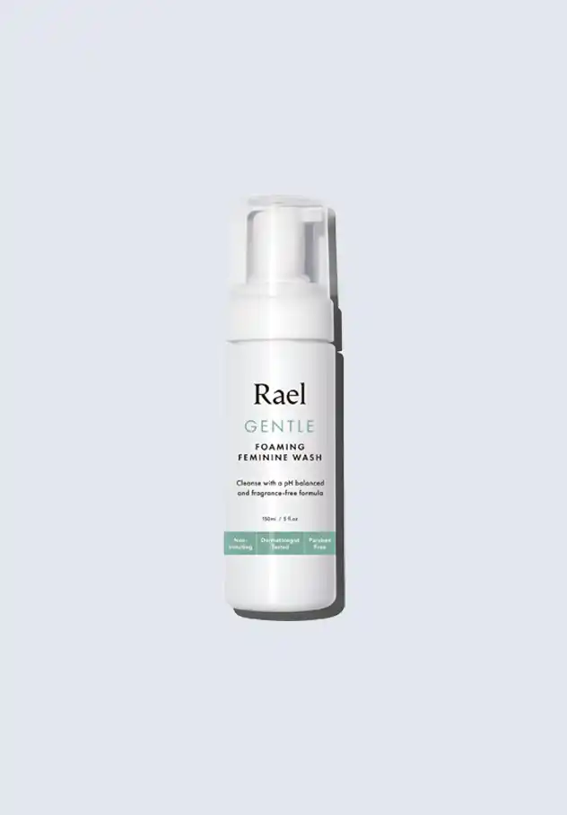 Rael gentle foaming feminine wash, designed to cleanse and balance postpartum intimate care, a perfect addition to the Rael postpartum essentials kit.