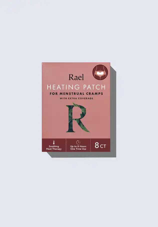 Rael heating patch for menstrual cramps, providing soothing warmth and comfort, ideal for relieving postpartum cramps and included in the Rael postpartum essentials kit.