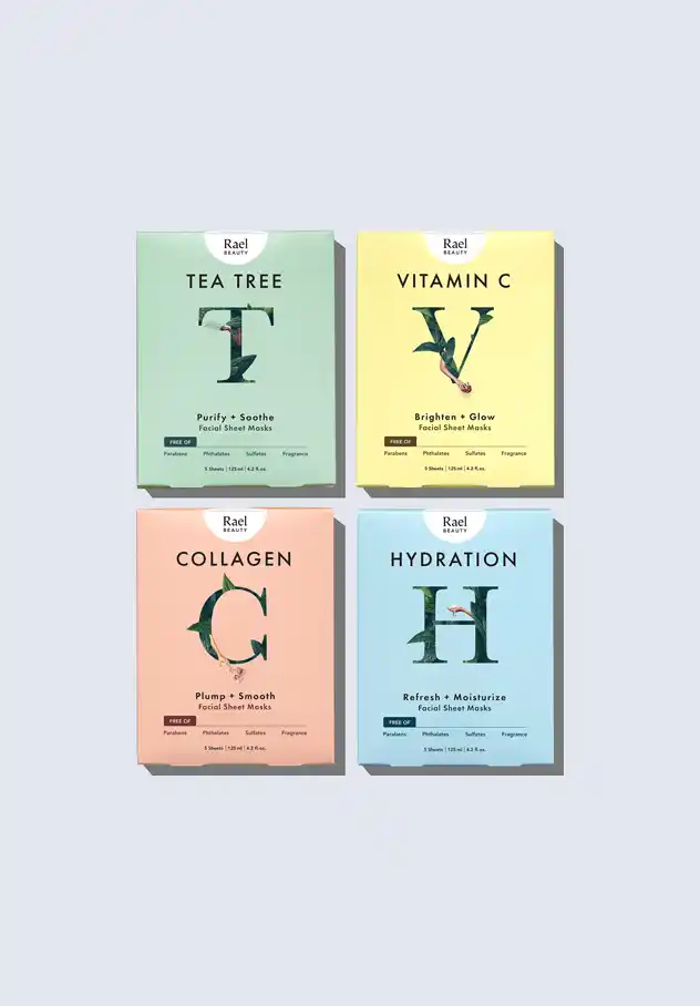 Rael facial sheet masks set, including tea tree, vitamin C, collagen, and hydration masks, providing a range of skincare benefits for postpartum self-care.