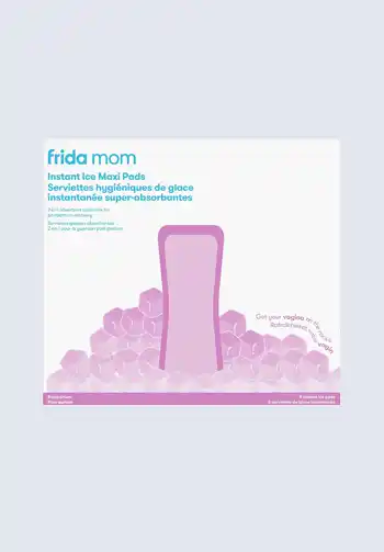 Frida Mom instant ice maxi pads, providing cooling relief and absorption for postpartum comfort, a key component of the Frida Mom Postpartum Essentials Kit.