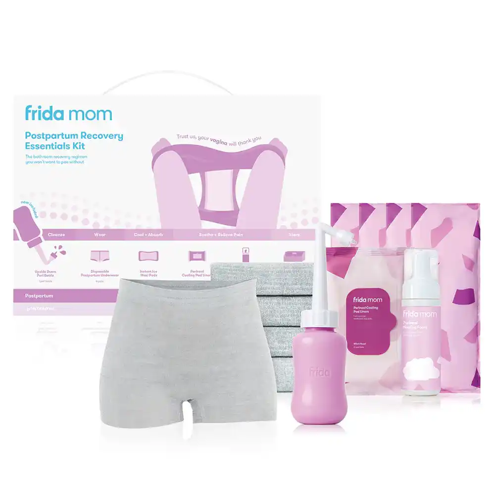 Frida Mom Postpartum Recovery Essentials Kit, a comprehensive postpartum gift basket featuring essential items for new moms, ideal for postpartum care and comfort.