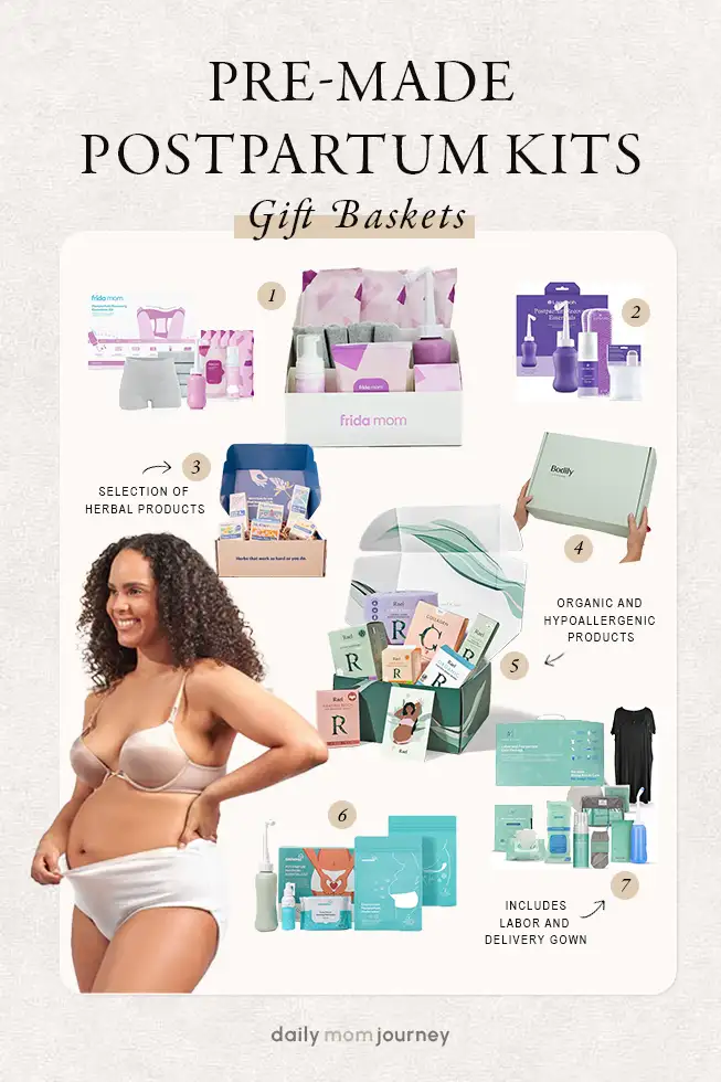 A new mom smiling in postpartum underwear, surrounded by a variety of pre-made postpartum gift baskets, each filled with essential items for postpartum recovery, including organic products, herbal selections, and a labor and delivery gown.